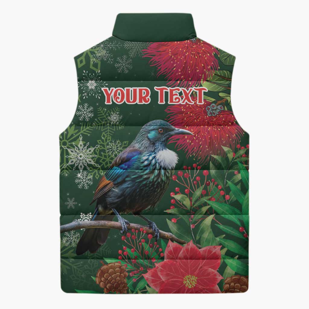 Tui Meri Kirihimete Personalised Sleeveless Puffer Jacket Pohutukawa Flowers Green Motif - Polynesian Pride