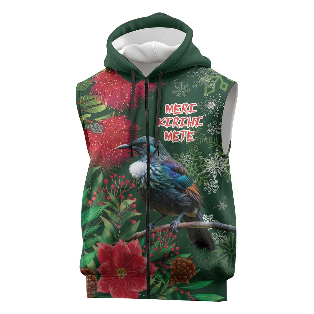 Tui Meri Kirihimete Personalised Sleeveless Zip Hoodie Pohutukawa Flowers Green Motif LT9 Green - Polynesian Pride