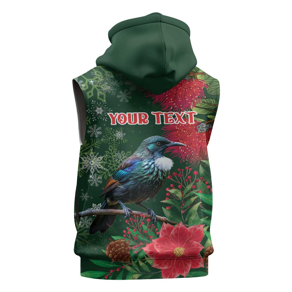 Tui Meri Kirihimete Personalised Sleeveless Zip Hoodie Pohutukawa Flowers Green Motif LT9 - Polynesian Pride