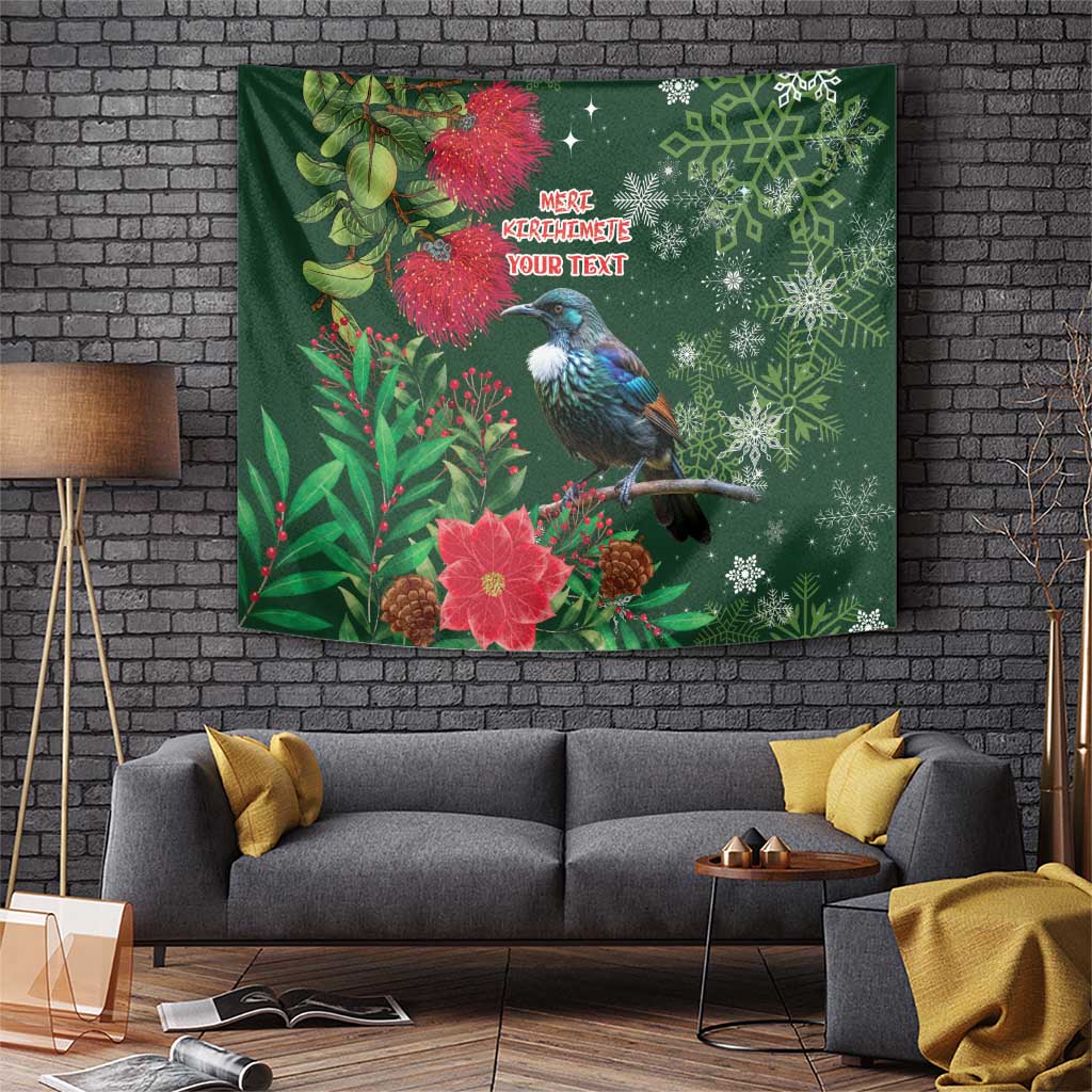 Tui Meri Kirihimete Personalised Tapestry Pohutukawa Flowers Green Motif LT9 Green - Polynesian Pride