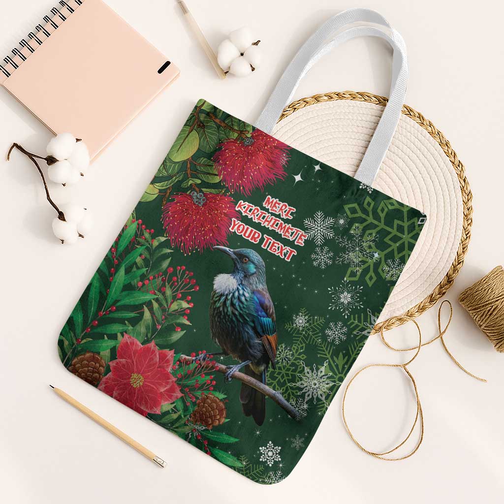Tui Meri Kirihimete Personalised Tote Bag Pohutukawa Flowers Green Motif - Polynesian Pride