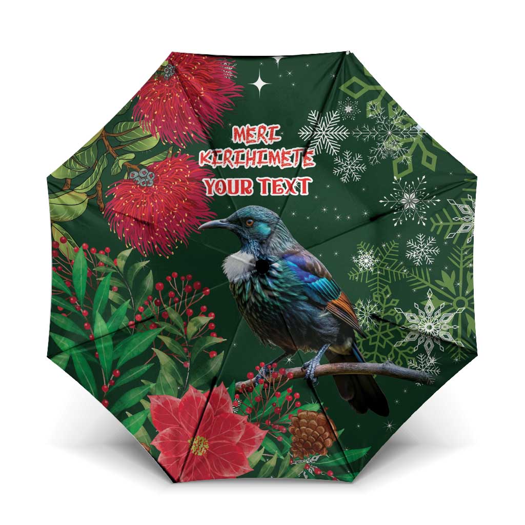 Tui Meri Kirihimete Personalised Umbrella Pohutukawa Flowers Green Motif LT9 One Size Folded 11.42 inch Opened Diameter 37.4 inch Green - Polynesian Pride