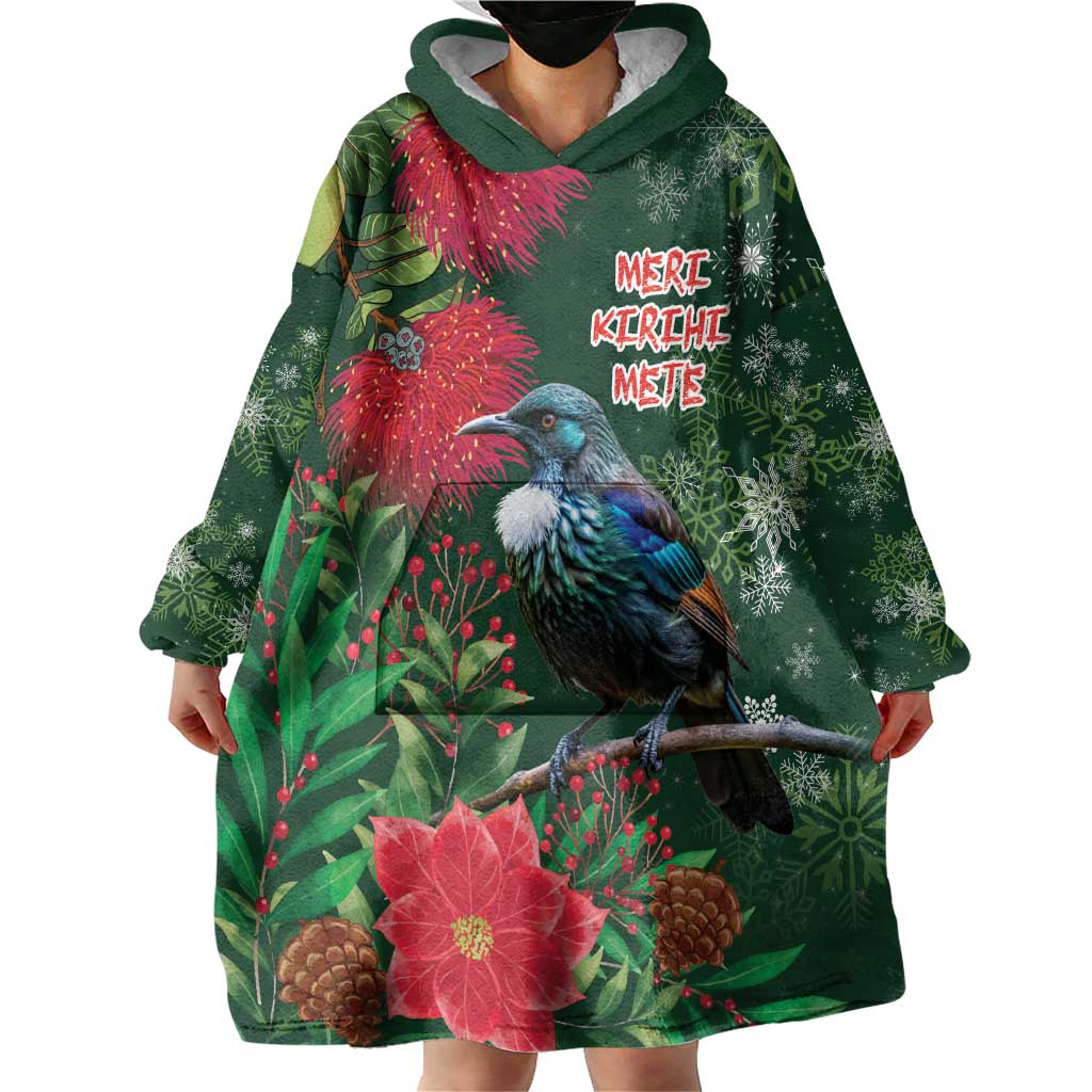 Tui Meri Kirihimete Personalised Wearable Blanket Hoodie Pohutukawa Flowers Green Motif LT9 - Polynesian Pride
