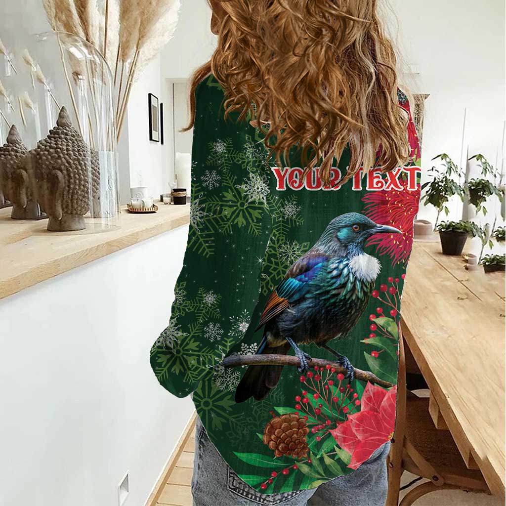 Tui Meri Kirihimete Personalised Women Casual Shirt Pohutukawa Flowers Green Motif LT9 - Polynesian Pride