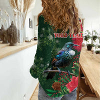 Tui Meri Kirihimete Personalised Women Casual Shirt Pohutukawa Flowers Green Motif LT9 - Polynesian Pride