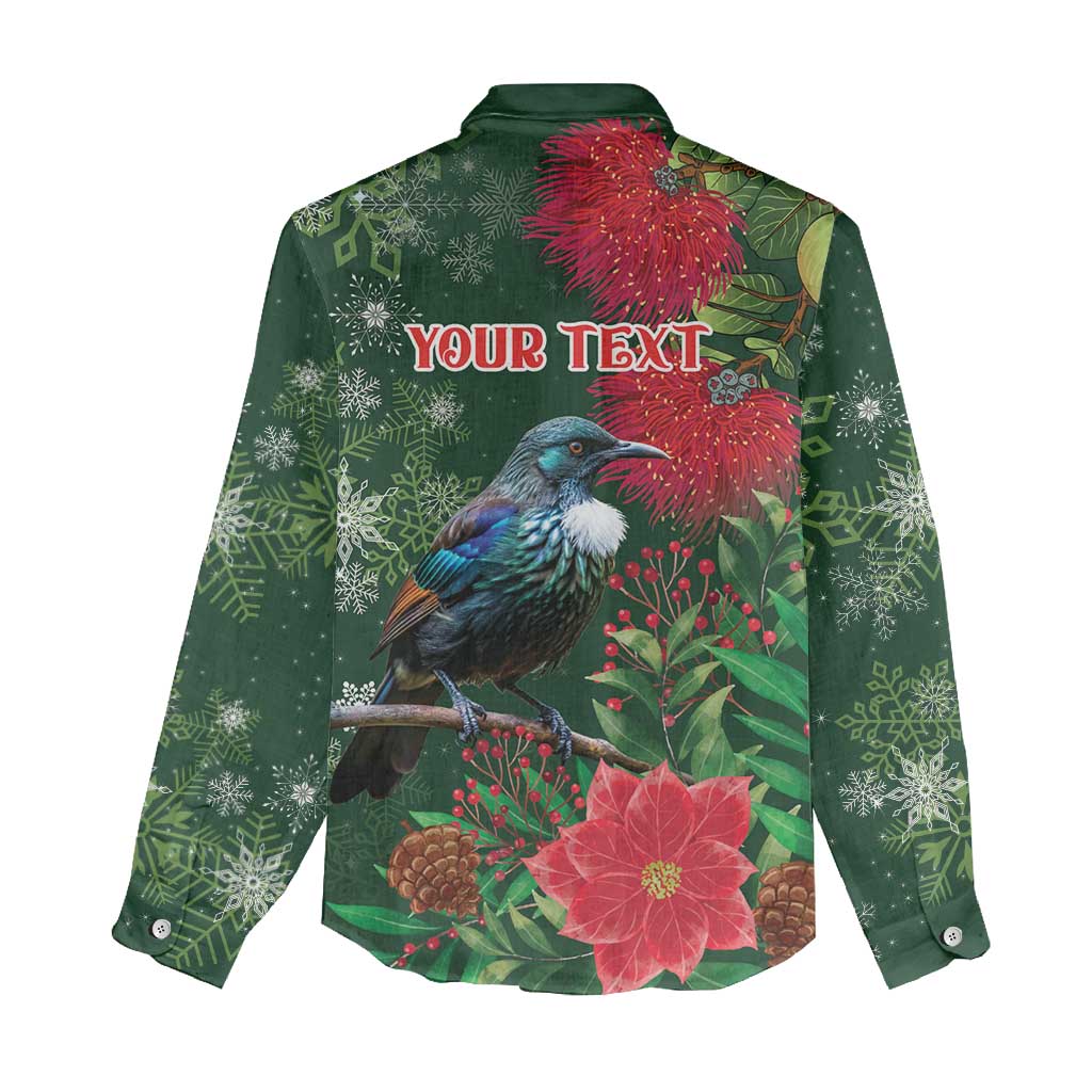 Tui Meri Kirihimete Personalised Women Casual Shirt Pohutukawa Flowers Green Motif LT9 - Polynesian Pride