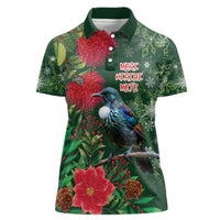Tui Meri Kirihimete Personalised Women Polo Shirt Pohutukawa Flowers Green Motif LT9 Female Green - Polynesian Pride