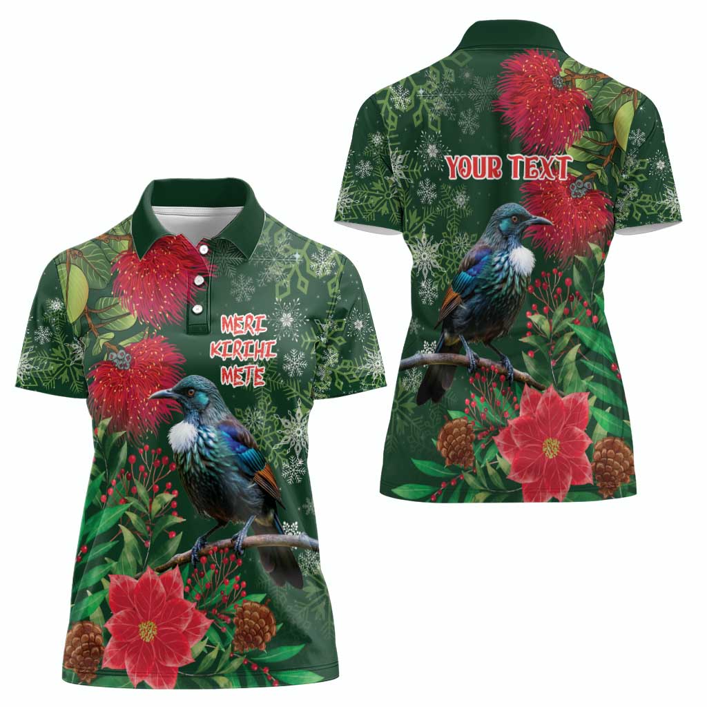 Tui Meri Kirihimete Personalised Women Polo Shirt Pohutukawa Flowers Green Motif LT9 - Polynesian Pride