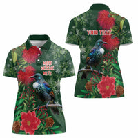 Tui Meri Kirihimete Personalised Women Polo Shirt Pohutukawa Flowers Green Motif LT9 - Polynesian Pride