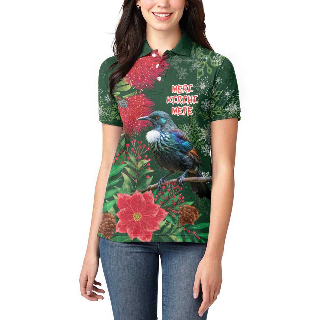 Tui Meri Kirihimete Personalised Women Polo Shirt Pohutukawa Flowers Green Motif LT9 - Polynesian Pride
