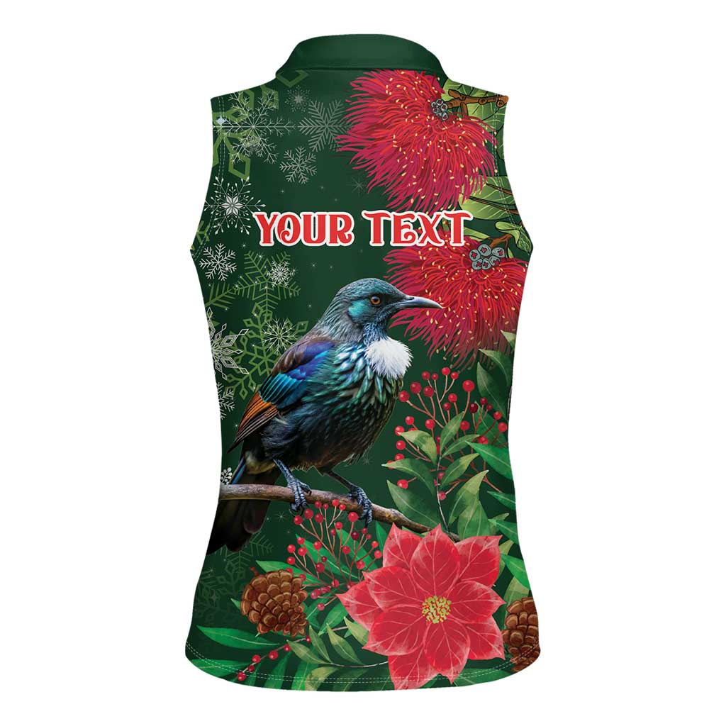 Tui Meri Kirihimete Personalised Women Sleeveless Polo Shirt Pohutukawa Flowers Green Motif LT9 - Polynesian Pride