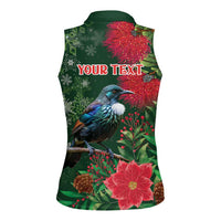 Tui Meri Kirihimete Personalised Women Sleeveless Polo Shirt Pohutukawa Flowers Green Motif LT9 - Polynesian Pride