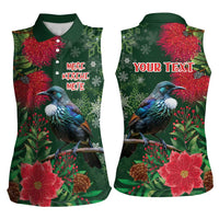 Tui Meri Kirihimete Personalised Women Sleeveless Polo Shirt Pohutukawa Flowers Green Motif LT9 - Polynesian Pride