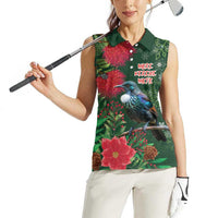 Tui Meri Kirihimete Personalised Women Sleeveless Polo Shirt Pohutukawa Flowers Green Motif LT9 - Polynesian Pride