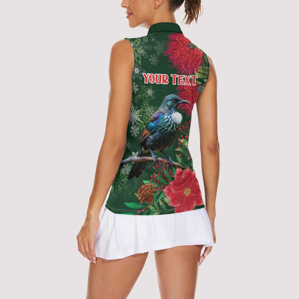 Tui Meri Kirihimete Personalised Women Sleeveless Polo Shirt Pohutukawa Flowers Green Motif LT9 - Polynesian Pride