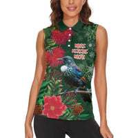 Tui Meri Kirihimete Personalised Women Sleeveless Polo Shirt Pohutukawa Flowers Green Motif LT9 - Polynesian Pride