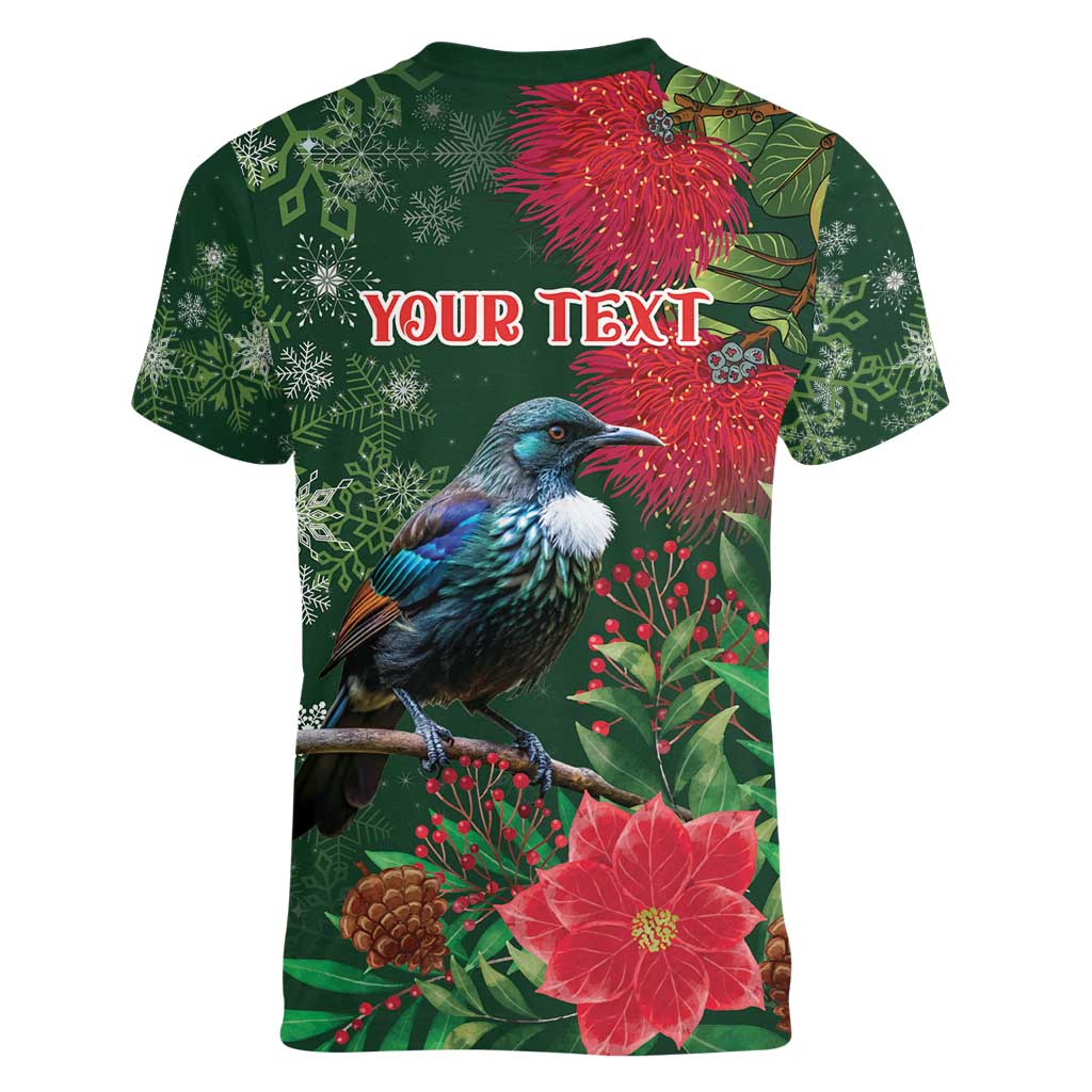 Tui Meri Kirihimete Personalised Women V-Neck T-Shirt Pohutukawa Flowers Green Motif LT9 - Polynesian Pride