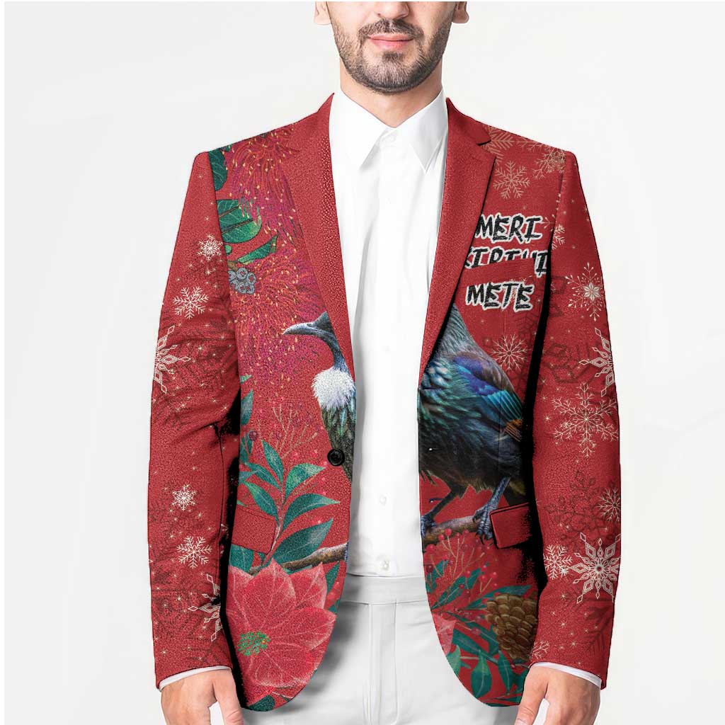 Tui Meri Kirihimete Personalised Blazer Pohutukawa Flowers Red Motif - Polynesian Pride
