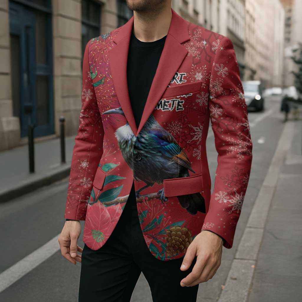 Tui Meri Kirihimete Personalised Blazer Pohutukawa Flowers Red Motif - Polynesian Pride