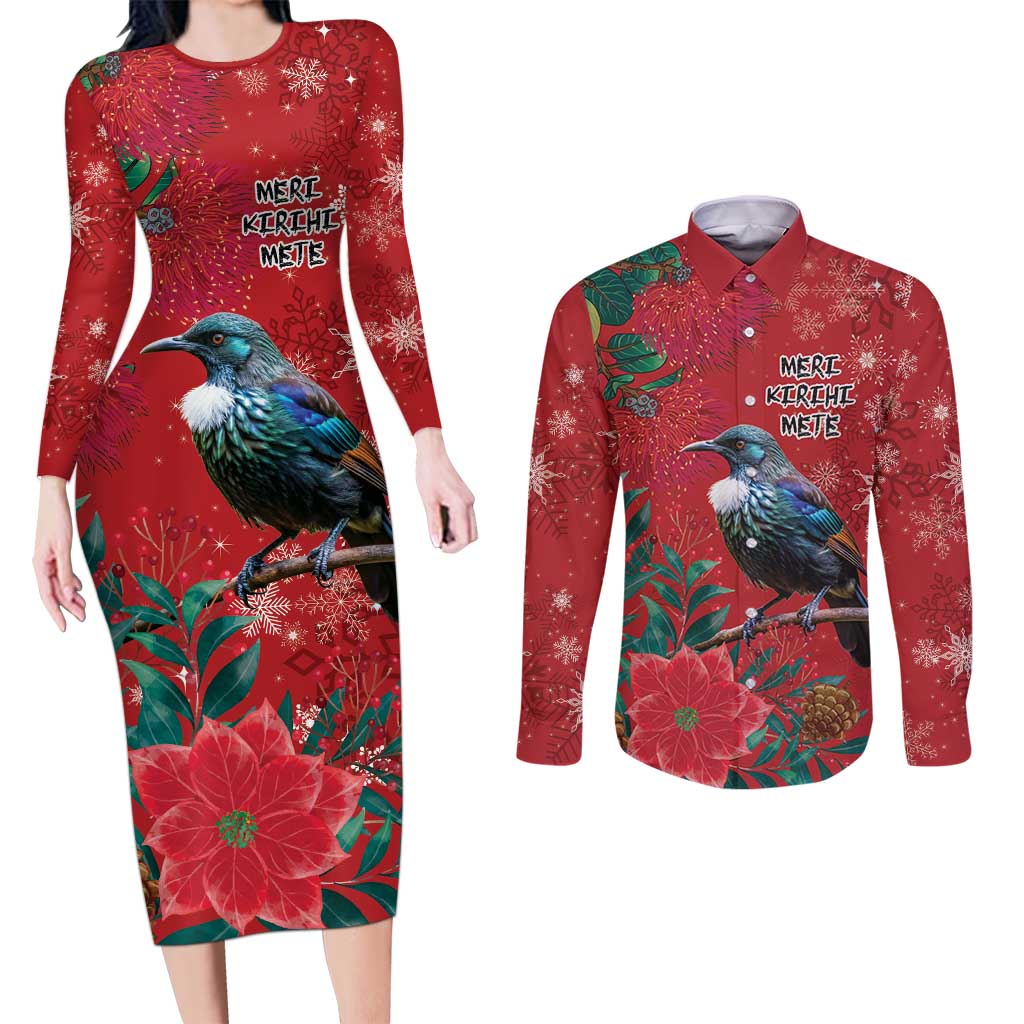 Tui Meri Kirihimete Personalised Couples Matching Long Sleeve Bodycon Dress and Long Sleeve Button Shirt Pohutukawa Flowers Red Motif LT9 Red - Polynesian Pride