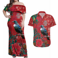 Tui Meri Kirihimete Personalised Couples Matching Off Shoulder Maxi Dress and Hawaiian Shirt Pohutukawa Flowers Red Motif LT9 Red - Polynesian Pride