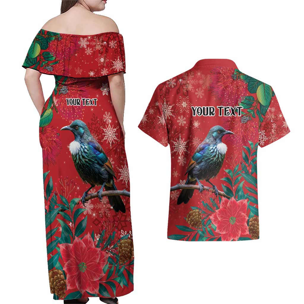 Tui Meri Kirihimete Personalised Couples Matching Off Shoulder Maxi Dress and Hawaiian Shirt Pohutukawa Flowers Red Motif LT9 - Polynesian Pride