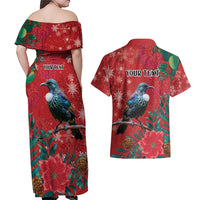 Tui Meri Kirihimete Personalised Couples Matching Off Shoulder Maxi Dress and Hawaiian Shirt Pohutukawa Flowers Red Motif LT9 - Polynesian Pride