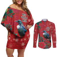 Tui Meri Kirihimete Personalised Couples Matching Off Shoulder Short Dress and Long Sleeve Button Shirt Pohutukawa Flowers Red Motif LT9 Red - Polynesian Pride