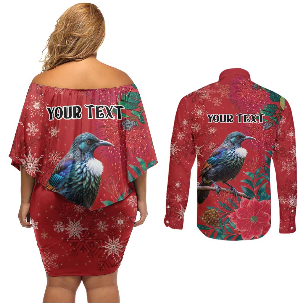 Tui Meri Kirihimete Personalised Couples Matching Off Shoulder Short Dress and Long Sleeve Button Shirt Pohutukawa Flowers Red Motif LT9 - Polynesian Pride