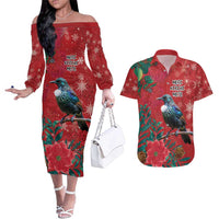Tui Meri Kirihimete Personalised Couples Matching Off The Shoulder Long Sleeve Dress and Hawaiian Shirt Pohutukawa Flowers Red Motif LT9 Red - Polynesian Pride