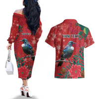 Tui Meri Kirihimete Personalised Couples Matching Off The Shoulder Long Sleeve Dress and Hawaiian Shirt Pohutukawa Flowers Red Motif LT9 - Polynesian Pride