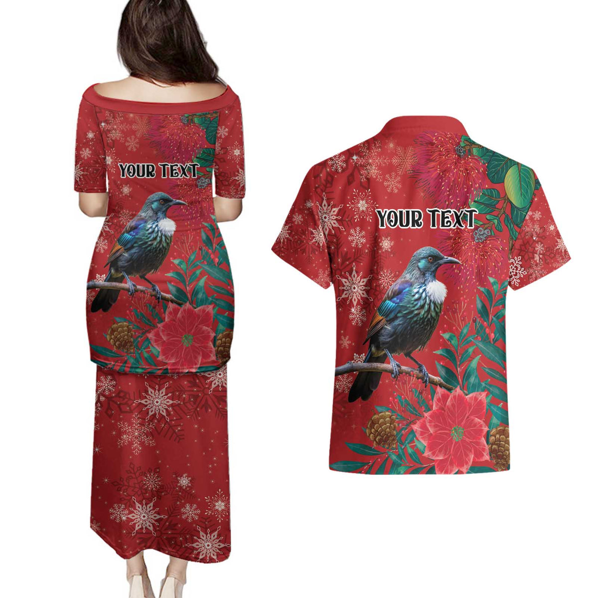 Tui Meri Kirihimete Personalised Couples Matching Puletasi and Hawaiian Shirt Pohutukawa Flowers Red Motif LT9 - Polynesian Pride