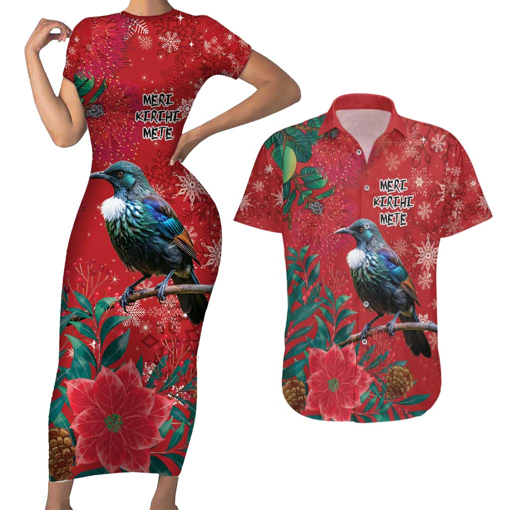 Tui Meri Kirihimete Personalised Couples Matching Short Sleeve Bodycon Dress and Hawaiian Shirt Pohutukawa Flowers Red Motif LT9 Red - Polynesian Pride
