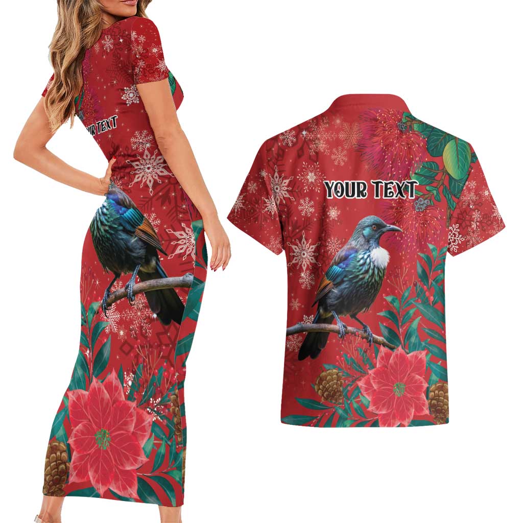 Tui Meri Kirihimete Personalised Couples Matching Short Sleeve Bodycon Dress and Hawaiian Shirt Pohutukawa Flowers Red Motif LT9 - Polynesian Pride