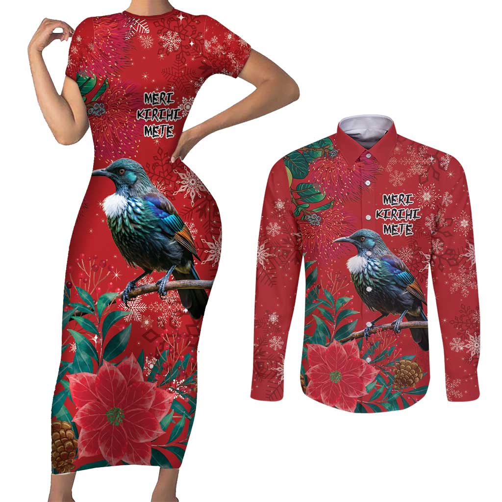 Tui Meri Kirihimete Personalised Couples Matching Short Sleeve Bodycon Dress and Long Sleeve Button Shirt Pohutukawa Flowers Red Motif LT9 Red - Polynesian Pride