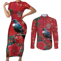 Tui Meri Kirihimete Personalised Couples Matching Short Sleeve Bodycon Dress and Long Sleeve Button Shirt Pohutukawa Flowers Red Motif LT9 Red - Polynesian Pride
