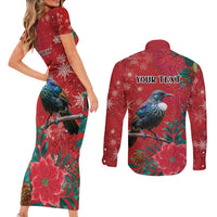 Tui Meri Kirihimete Personalised Couples Matching Short Sleeve Bodycon Dress and Long Sleeve Button Shirt Pohutukawa Flowers Red Motif LT9 - Polynesian Pride