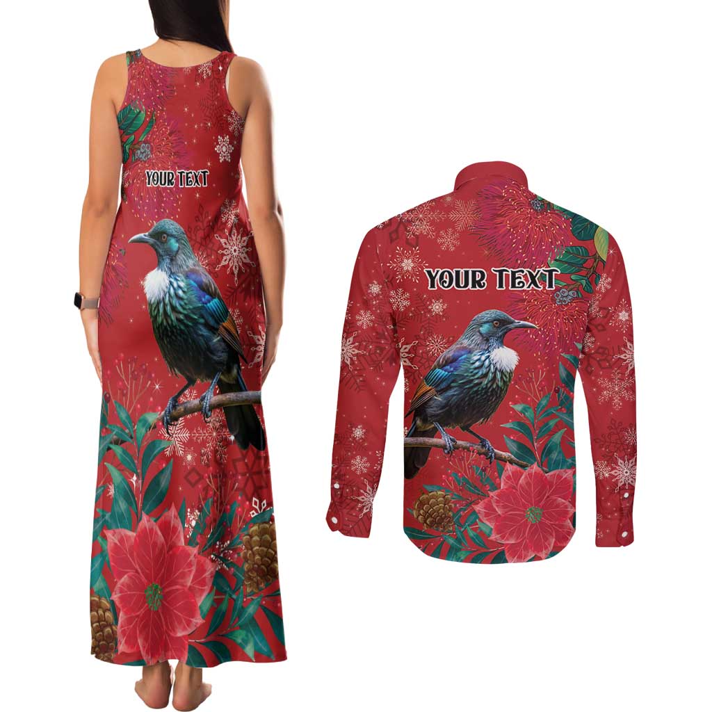 Tui Meri Kirihimete Personalised Couples Matching Tank Maxi Dress and Long Sleeve Button Shirt Pohutukawa Flowers Red Motif LT9 - Polynesian Pride