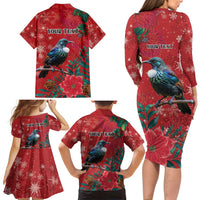 Tui Meri Kirihimete Personalised Family Matching Long Sleeve Bodycon Dress and Hawaiian Shirt Pohutukawa Flowers Red Motif LT9 - Polynesian Pride