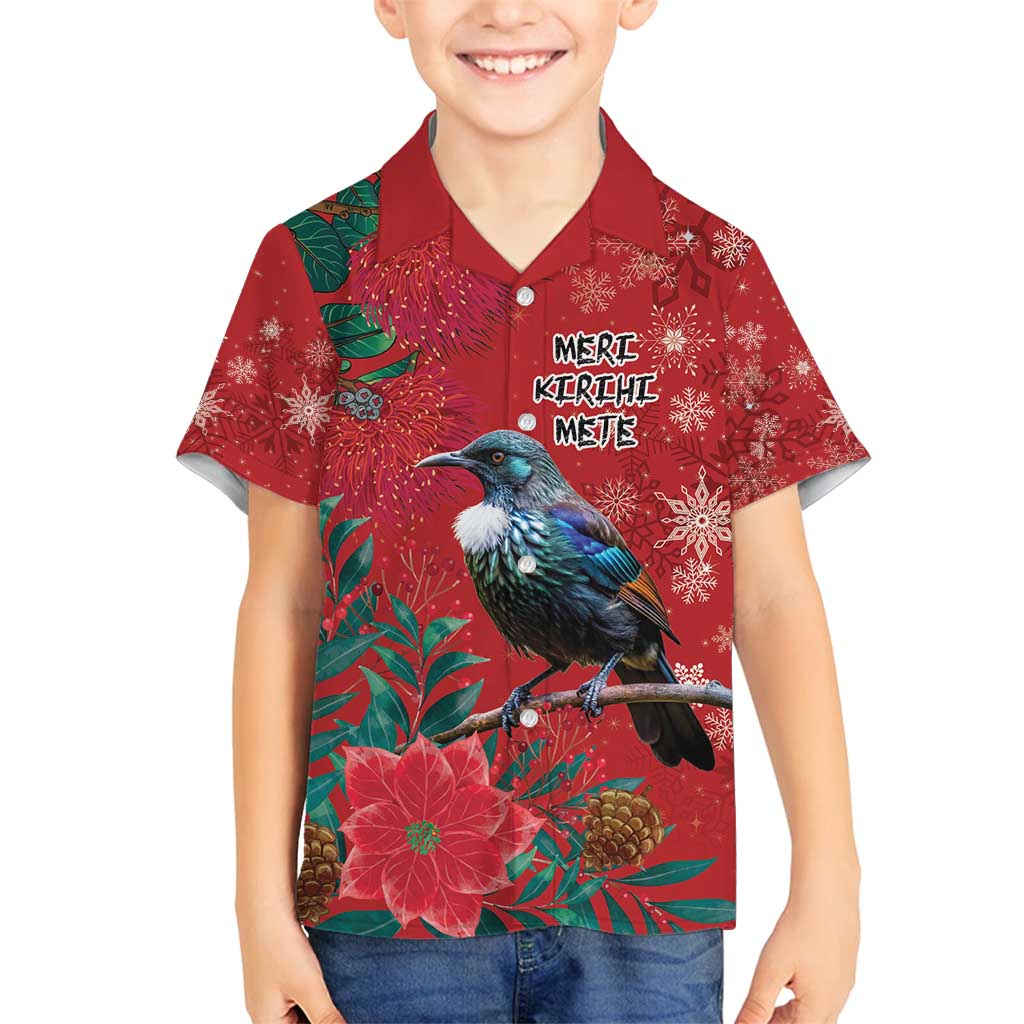 Tui Meri Kirihimete Personalised Family Matching Long Sleeve Bodycon Dress and Hawaiian Shirt Pohutukawa Flowers Red Motif LT9 Son's Shirt Red - Polynesian Pride