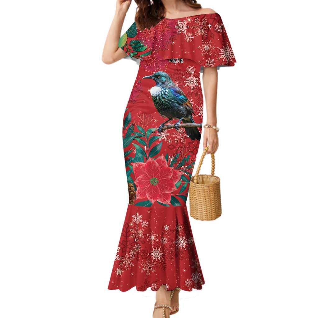 Tui Meri Kirihimete Personalised Family Matching Mermaid Dress and Hawaiian Shirt Pohutukawa Flowers Red Motif LT9 Mom's Dress Red - Polynesian Pride