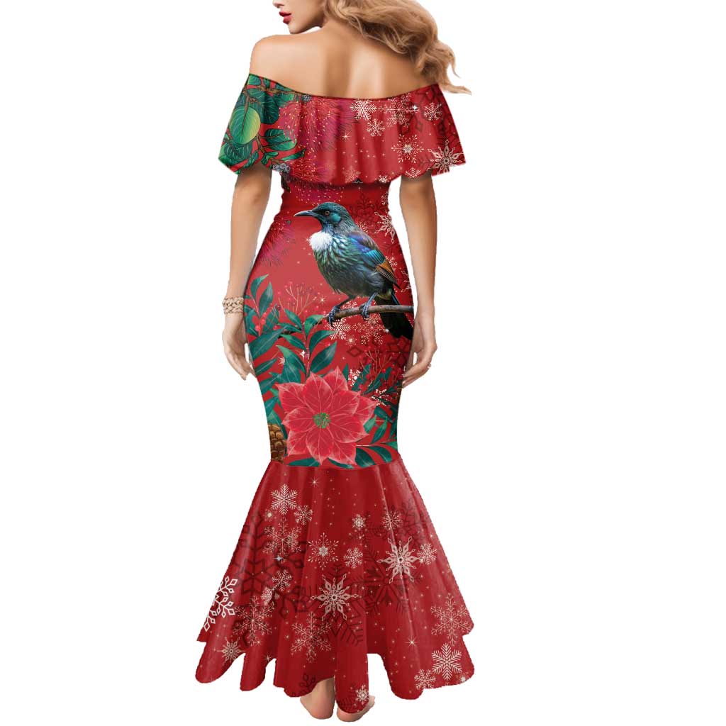 Tui Meri Kirihimete Personalised Family Matching Mermaid Dress and Hawaiian Shirt Pohutukawa Flowers Red Motif LT9 - Polynesian Pride