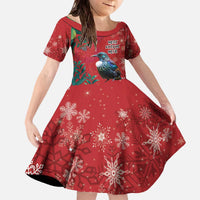 Tui Meri Kirihimete Personalised Family Matching Off The Shoulder Long Sleeve Dress and Hawaiian Shirt Pohutukawa Flowers Red Motif LT9 Daughter's Dress Red - Polynesian Pride