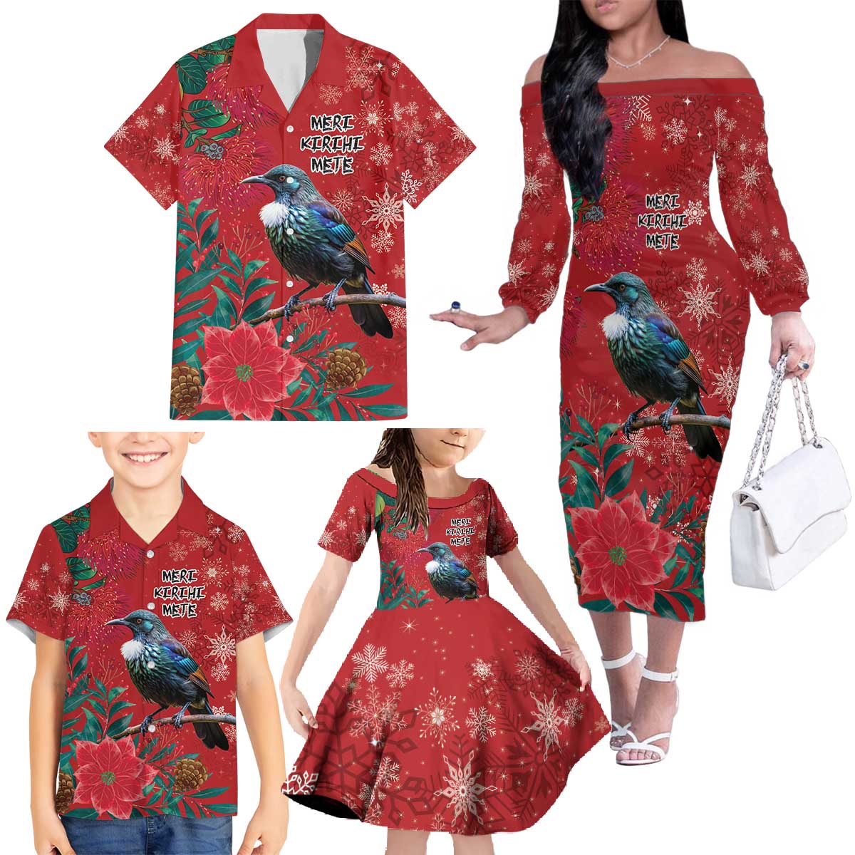 Tui Meri Kirihimete Personalised Family Matching Off The Shoulder Long Sleeve Dress and Hawaiian Shirt Pohutukawa Flowers Red Motif LT9 - Polynesian Pride