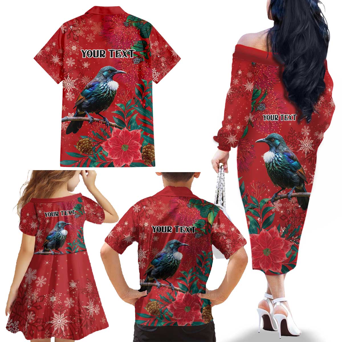 Tui Meri Kirihimete Personalised Family Matching Off The Shoulder Long Sleeve Dress and Hawaiian Shirt Pohutukawa Flowers Red Motif LT9 - Polynesian Pride