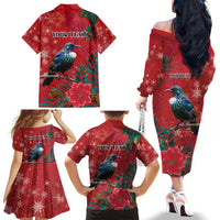 Tui Meri Kirihimete Personalised Family Matching Off The Shoulder Long Sleeve Dress and Hawaiian Shirt Pohutukawa Flowers Red Motif LT9 - Polynesian Pride