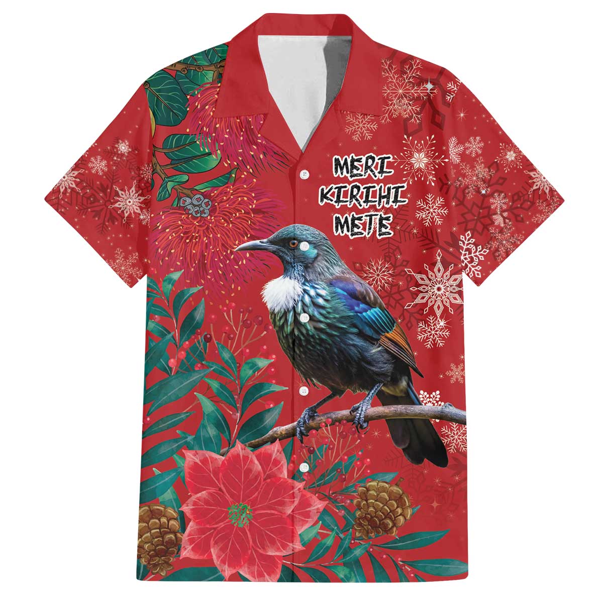 Tui Meri Kirihimete Personalised Family Matching Off The Shoulder Long Sleeve Dress and Hawaiian Shirt Pohutukawa Flowers Red Motif LT9 Dad's Shirt - Short Sleeve Red - Polynesian Pride