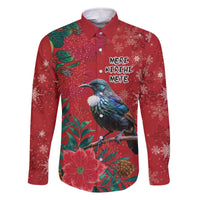 Tui Meri Kirihimete Personalised Family Matching Off The Shoulder Long Sleeve Dress and Hawaiian Shirt Pohutukawa Flowers Red Motif LT9 Dad's Shirt - Long Sleeve Red - Polynesian Pride