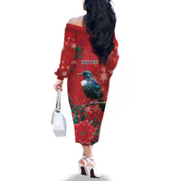 Tui Meri Kirihimete Personalised Family Matching Off The Shoulder Long Sleeve Dress and Hawaiian Shirt Pohutukawa Flowers Red Motif LT9 - Polynesian Pride