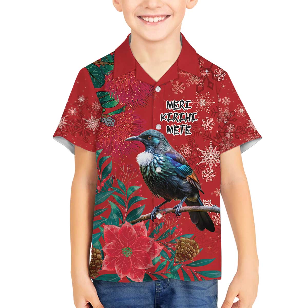 Tui Meri Kirihimete Personalised Family Matching Off The Shoulder Long Sleeve Dress and Hawaiian Shirt Pohutukawa Flowers Red Motif LT9 Son's Shirt Red - Polynesian Pride